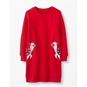 Hanna Andersson Girls Red Llama Sweate Dress Pom Pom Pocket In French Terry  6-7